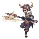  1boy arm_guards armor axe battle_axe black_boots black_gloves black_hair black_helmet boots brown_pants eden_eternal fake_horns full_body fur-trimmed_armor fur_trim gloves helmet highres holding holding_axe holding_weapon horned_helmet horns male_focus official_art pants pauldrons protected_link red_eyes second-party_source short_hair shoulder_armor simple_background solo standing standing_on_one_leg transparent_background warrior_(eden_eternal) weapon 