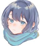  1girl absurdres adachi_sakura adachi_to_shimamura aegyo_sal blue_eyes blue_hair blue_scarf closed_mouth commentary_request cropped_shoulders enpera highres kuukip light_frown looking_at_viewer medium_hair parted_bangs portrait scarf simple_background solo upturned_eyes white_background 