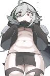  1girl ahoge arknights breasts clothes_lift commentary crocodile_girl crocodilian_tail dot_nose flying_sweatdrops from_below grey_hair groin hair_between_eyes highres hood hood_up hooded_shirt large_tail loincloth long_sleeves looking_at_viewer medium_breasts medium_hair navel open_mouth pointy_ears shirt_lift sleeves_past_fingers sleeves_past_wrists solo stomach tail thighhighs tomimi_(arknights) torn_clothes torn_thighhighs ugly9284 underboob undressing wavy_mouth 
