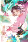  1girl absurdres all_wishes_come_true! black_hair brown_eyes brown_hair chinese_clothes chinese_commentary commentary_request earrings fighting_stance floating_hair flower flower_earrings green_skirt hair_flower hair_ornament hanfu he_xiangu_(all_wishes_come_true!) high_ponytail highres holding holding_string holding_weapon iron_hailai jewelry kuji-in leaf lily_pad long_hair long_sleeves looking_at_viewer lotus lotus_leaf male_focus parted_lips petals pink_flower pink_hanfu ponytail red_sash sash sidelocks skirt smile solo string upper_body weapon white_background wide_sleeves 