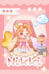  1girl absurdly_long_hair absurdres ahoge bare_shoulders braid brooch brown_hair celestial_whispers_(infinity_nikki) chibi chinese_commentary choker circle cloud cloud_hair_ornament commentary_request copyright_name crescent crescent_hair_ornament cup dot_nose dress drooling four-pointed_star fur-trimmed_dress fur-trimmed_slippers fur_choker fur_trim hair_ornament hair_spread_out hand_on_own_cheek hand_on_own_face hat hat_ornament highres infinity_nikki jewelry lamp light_blush long_dress long_hair low_twin_braids momo_(nikki) mug nightcap nightgown nikki_(series) off-shoulder_dress off_shoulder official_alternate_color on_bed one_eye_closed open_mouth outline parted_bangs pink_background pink_dress pink_hat pink_ribbon pink_slippers pink_wrist_cuffs polka_dot polka_dot_background print_dress puffy_short_sleeves puffy_sleeves ribbon shiyu25809 short_sleeves sleepy slippers solo sparkle squeans standing star-shaped_pillow star_(symbol) star_brooch star_choker star_hat_ornament star_print teardrop tearing_up twin_braids two-tone_wrist_cuffs very_long_hair white_choker white_outline white_wrist_cuffs wrist_cuffs yawning 