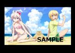  2girls ahoge albus_(zero_kara_hajimeru_mahou_no_sho) artist_request beach bikini black_border blonde_hair border bow bow_bikini breasts closed_mouth cloud cloudy_sky collarbone day floral_print floral_print_bikini flower from_behind from_side green_swim_trunks green_trim hair_between_eyes hair_flower hair_ornament highres holding_seashell indian_style long_hair looking_at_another looking_at_viewer looking_back merchandise_available multiple_girls navel ocean official_alternate_costume official_art on_ground open_mouth outdoors pink_bikini pink_flower print_bikini purple_eyes red_flower sample_watermark sand sand_sculpture sandals seashell second-party_source shell shirt short_hair sitting sky small_breasts smile swimsuit tomboy very_long_hair wariza watermark white_bikini white_hair yellow_eyes yellow_shirt zero_(zero_kara_hajimeru_mahou_no_sho) zero_kara_hajimeru_mahou_no_sho 