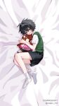  1boy absurdres bare_legs bed_sheet black_shorts bruise bruise_on_face bruise_on_leg cappu_ch1 character_doll commentary crossed_bangs degrees_of_lewdity doll dot_nose double-parted_bangs from_above green_eyes green_sweater_vest hair_between_eyes highres hugging_object indoors injury kylar_(degrees_of_lewdity) kylar_(male)_(degrees_of_lewdity) legs_together looking_at_another lying male_focus no_shoes on_bed on_side player_character_(degrees_of_lewdity) player_character_(female)_(degrees_of_lewdity) raised_inner_eyebrows shirt short_hair short_sleeves shorts smile socks solo sweater_vest white_shirt white_socks 