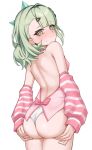  1girl arm_warmers ass bare_back blush breasts closed_mouth commentary earrings from_behind green_eyes green_hair hair_ornament hairclip highres jewelry looking_at_viewer looking_back mer_lynn musical_note_earrings parted_bangs simple_background small_breasts solo striped_arm_warmers sunna_(zenless_zone_zero) white_background zenless_zone_zero 