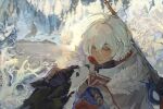  1boy ahoge alyosha_(genshin_impact) animal animal_ears animal_nose bare_tree black_fur black_shirt blue_eyes blue_gloves blue_jacket blurry blurry_background branch cape closed_mouth colored_eyelashes commentary day dog dog_ears earmuffs english_commentary floral_print forest freckles fur-trimmed_cape fur_trim genshin_impact gloves green_hair gun hair_between_eyes hand_up highres holding holding_gun holding_weapon hood hooded_cape husky ice jacket long_sleeves looking_at_another loose_necktie male_focus nature necktie outdoors pet petting pine_tree rifle shadow shirt short_hair smile sniper_rifle snow sunlight tan tree turtleneck turtleneck_shirt two-tone_fur vmuromuro weapon white_cape white_fur yellow_eyes 
