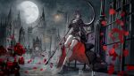  1girl absurdres against_railing ankle_boots architecture arknights ascot black_hair black_tailcoat boots candle cathedral church commentary entelechia_(arknights) flower full_moon garter_straps gloves gothic_architecture grey_socks hair_horns highres holding holding_weapon juliet_sleeves lamppost long_legs long_sleeves moon night outdoors petals pointy_ears puffy_sleeves railing red_eyes red_flower red_gloves red_rose red_wann rose short_hair socks solo standing thighhighs two-sided_tailcoat untranslatable_commentary vampire weapon white_ascot 