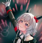  1girl absurdres animal_ears arm_up bare_shoulders blush bow breasts closed_mouth coat crying crying_with_eyes_open curren_chan_(fille_eclair)_(umamusume) curren_chan_(umamusume) dress ear_bow ear_covers gloves grey_hair highres horse_ears horse_girl long_sleeves off-shoulder_coat off-shoulder_dress off-shoulder_jacket off_shoulder purple_eyes red_bow reina_noi short_hair solo striped_clothes striped_dress tears umamusume vertical-striped_clothes vertical-striped_dress white_gloves 