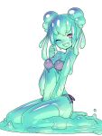  1girl akira_(meltyhip) aqua_hair aqua_skin artist_request bikini blue_bikini breasts cleavage colored_skin commentary core fang feet highres indie_virtual_youtuber looking_at_viewer monster_girl one_eye_closed open_mouth piapi_ufo piapi_ufo_(tomboy) purple_eyes second-party_source skin_fang slime_(substance) slime_girl slime_hair solo star-shaped_pupils star_(symbol) strapless strapless_bikini swimsuit symbol-shaped_pupils twintails untranslatable_commentary virtual_youtuber 