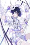  1boy angel_wings bandaged_arm bandages belt bishounen blood blood_bag blunt_ends buckle choker closed_mouth clothing_request collarbone commentary cropped_shirt feathered_wings fingerless_gloves fingernails genshin_impact gloves hair_intakes halo hands_up hat head_wings highres holding holding_syringe intravenous_drip iv_stand long_eyelashes looking_at_viewer male_focus midriff_peek multicolored_hair name_tag navel neyti_(neytirv) nurse_cap open_collar pill pink_hair pouch purple_choker purple_eyes purple_gloves purple_hair red_pupils scaramouche_(genshin_impact) shirt short_sleeves shorts smile snap-fit_buckle solo stethoscope stethoscope_around_neck streaked_hair syringe thigh_belt thigh_pouch thigh_strap traditional_halo tsurime twitter_username watermark white_background white_belt white_halo white_hat white_shirt white_shorts white_sleeves white_wings wing_collar wings wispy_bangs wolf_cut wrist_cuffs 