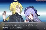  1boy 1girl ahoge black_jacket black_shirt blonde_hair closed_mouth commentary_request drill_hair drill_sidelocks hair_between_eyes hakka300 hand_up heterochromia holding holding_poke_ball hugo_vlad jacket long_hair looking_at_viewer mole mole_under_eye necktie official_alternate_costume open_clothes open_jacket pointy_ears poke_ball pokemon pokemon_x_and_y purple_hair purple_necktie red_eyes shirt sidelocks sideways_glance smile translation_request upper_body video_game_dialogue_box vivian_banshee zenless_zone_zero 