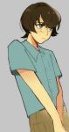  1boy adam_lanza ahoge animification asymmetrical_bangs bare_arms blue_eyes blue_shirt breast_pocket brown_hair brown_pants buttons cargo_pants closed_mouth collared_shirt commentary english_commentary facing_away grey_background hair_between_eyes kaynsuicide leaning_back light_frown looking_afar loose_clothes loose_shirt male_focus nostrils own_hands_together pants parted_bangs pocket pointy_nose polo_shirt real_life sandy_hook_elementary_school_shooting shiny_eyes shirt short_hair simple_background true_crime 