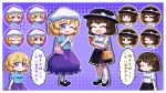  2girls =_= bag black_hat black_shoes black_skirt blonde_hair blue_shirt blush bow breasts brown_bag brown_eyes brown_hair cellphone closed_eyes closed_mouth collared_shirt commentary_request constricted_pupils contrast_collar empty_eyes footwear_bow frilled_shirt_collar frills frown full_body handbag hat hat_bow highres holding holding_phone jitome loose_socks maribel_hearn mary_janes medium_breasts medium_hair miyamaai_illust mob_cap multiple_expressions multiple_girls multiple_views neo-traditionalism_of_japan one_eye_closed open_mouth own_hands_together phone pink_background purple_background purple_eyes purple_skirt ribbon-trimmed_skirt ribbon_trim second-party_source shirt shoes short_sleeves skirt smartphone smile socks sweatdrop touhou usami_renko white_bow white_hat white_shirt white_socks 