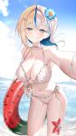  1girl beach bikini blonde_hair blue_flower blue_streaks breasts choker cleavage collarbone commentary commission flower green_eyes hair_between_eyes hair_flower hair_ornament hairclip highres hoshiyori_(vtuber) indie_virtual_youtuber innertube kumo_tabetai looking_at_viewer medium_hair multicolored_hair multiple_hairclips navel ocean outdoors parallel_hairclips solo starfish streaked_hair swim_ring swimsuit teeth virtual_youtuber water white_bikini white_choker 