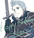  1boy armor black_armor black_gloves capelet character_name closed_mouth collared_capelet commentary_request fe_knights fire_emblem fire_emblem_fates gloves green_eyes grey_hair hands_up happy_birthday highres holding holding_sword holding_weapon quiff silas_(fire_emblem) silver_trim simple_background sword weapon white_background 