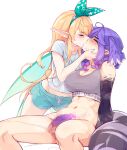  2girls blonde_hair bottomless breasts commentary cum cum_in_mouth cum_on_body cum_swap english_commentary facial futa_with_female futanari green_shorts grey_sports_bra head_wings highres kiss large_breasts long_hair multiple_girls navel nijisanji nijisanji_en own_cum_in_mouth pelt pointy_ears pomu_rainpuff purple_hair purple_penis ricegnat selen_tatsuki shirt shorts sitting sports_bra testicles uncensored virtual_youtuber white_background white_shirt wings 