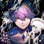  1boy air_bubble black_background black_jacket blue_eyes blurry bubble collarbone commentary_request crying crying_with_eyes_open depth_of_field empty_eyes hair_between_eyes highres hood hood_down hooded_jacket jacket jellyfish kuki_ko leviathan_(obey_me!) light_frown looking_at_viewer male_focus multicolored_eyes obey_me!:_one_master_to_rule_them_all! obey_me!_(series) orange_eyes pale_skin portrait purple_hair short_hair solo straight-on swept_bangs tears two-sided_fabric two-tone_eyes underwater very_short_hair 