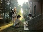  1girl 3boys absurdres black_dress black_hair brick_wall closed_mouth commentary_request crocs crying dark-skinned_female dark_skin dress false_memory first_aid_kit grass green_eyes guan_chao_(false_memory) guan_chao_(teenager)_(false_memory) hair_down he_mingshuo hebe_lang highres jacket looking_at_another multiple_boys open_mouth photo_background running sandals see-through_clothes see-through_jacket shoes shorts sitting smile spiked_hair squatting stairs time_paradox tree window yi_(false_memory) 