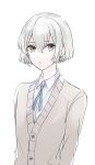 1boy androgynous blue_necktie cardigan closed_mouth collared_shirt commentary_request double-parted_bangs grey_cardigan grey_eyes hair_between_eyes highres jack_jeanne light_frown looking_at_viewer male_focus necktie shirota_mitsuki shirt short_hair simple_background solo t0day8 upper_body white_background white_hair white_shirt 