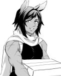  1boy ahoge animal_ears arknights box cape commentary_request courier_(arknights) dark-skinned_male dark_skin deer_boy deer_ears erune fang greyscale holding holding_box looking_at_viewer male_focus monochrome oga_(ogw175) open_mouth scar scar_on_arm scarf short_hair simple_background sleeveless smile solo toned toned_male upper_body white_background 