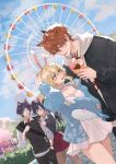  2boys 2girls :t alternate_costume animal_ear_hairband animal_ears arm_at_side bishounen black_hair black_jacket black_pants black_shirt black_sleeves blonde_hair blue_jacket blue_sky blue_sleeves blunt_ends blush bow breasts brown_hair brown_pantyhose bush casual cherry choker cleavage cloud cloudy_sky collarbone collared_shirt commentary contemporary couple crepe crossed_bangs curtained_hair dating drawstring dress dutch_angle ear_piercing earrings english_commentary eyelashes fake_animal_ears ferris_wheel food fox_ears frilled_choker frilled_dress frills fruit genshin_impact grey_eyes hair_between_eyes hair_bow hairband hand_in_pocket hand_on_another's_arm hand_on_own_head hand_up height_difference hetero highres holding holding_food holding_skewer holding_stuffed_toy hood hood_down hoodie ice_cream jacket jewelry layered_shirt long_hair long_sleeves looking_at_another looking_at_object lower_teeth_only lumine_(genshin_impact) medium_skirt mona_(genshin_impact) multiple_boys multiple_girls narwhal necklace open_clothes open_jacket open_mouth outdoors pants pantyhose pendant piercing pink_lips rabbit_ears railing red_bow red_skirt scaramouche_(genshin_impact) sen_(bubble_sen) shirt short_dress short_hair short_hair_with_long_locks sidelocks skewer skirt sky strawberry stuffed_animal stuffed_toy swept_bangs tartaglia_(genshin_impact) teeth tree tsurime twintails undershirt white_choker white_dress white_hood white_hoodie white_shirt white_sleeves wispy_bangs wristband yellow_eyes 