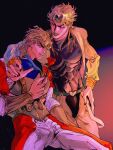  1boy abs armor ayinggg belt black_nails blonde_hair blue_scarf bracelet commentary corset crotchless crotchless_pants dio_brando dual_persona earrings flower gold_bracelet green_belt green_headband green_lips headband highres holding holding_flower jacket jewelry jojo_no_kimyou_na_bouken leotard lipstick makeup male_focus muscular muscular_male nail_polish pants phantom_blood red_eyes red_flower red_rose rose scarf short_hair simple_background spread_legs stardust_crusaders time_paradox wrist_cuffs yellow_jacket yellow_pants 