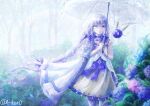  1girl 4ikur0 arcaea artist_name bare_shoulders braid cape charon_(arcaea) closed_mouth collar commentary_request cowboy_shot detached_collar dress frilled_collar frills hair_ornament highres holding holding_umbrella lagrange_(arcaea) layered_dress long_hair low-tied_sidelocks monocle neck_ribbon pantyhose purple_eyes purple_hair purple_pantyhose purple_ribbon ribbon side_cape sidelocks signature single_off_shoulder smile solo transparent transparent_umbrella twitter_username umbrella white_cape yellow_dress 