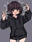  1girl @_@ beer_can black_hoodie blush breath brown_hair can commentary_request cowboy_shot drink_can drunk grey_background highres holding holding_can hood hoodie long_sleeves looking_at_viewer morikawagon no_pants original purple_eyes short_hair simple_background small_sweatdrop smile solo squeans v 