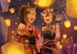  5girls aerial_fireworks ahoge bare_shoulders black_dress black_hair breasts brown_hair chest_sarashi chinese_zodiac commentary_request detached_sleeves dress ear_covers ear_ornament fingerless_gloves fireworks gloves hair_between_eyes hair_ornament holding_hands horse_girl houya_hafu japanese_clothes katsuragi_ace_(pen_name:_ink_dragon)_(umamusume) katsuragi_ace_(umamusume) kimono lantern light_blush long_sleeves mr._c.b._(dazzling_kabuki_flower)_(umamusume) mr._c.b._(umamusume) multicolored_hair multiple_girls night obi official_alternate_costume official_alternate_hairstyle open_mouth outdoors paper_lantern ponytail red_kimono sarashi sash single_bare_shoulder sirius_symboli_(umamusume) sleeveless sleeveless_dress small_breasts smile streaked_hair symboli_rudolf_(archer_by_moonlight)_(umamusume) symboli_rudolf_(umamusume) tassel teeth umamusume upper_teeth_only white_gloves white_hair year_of_the_horse 