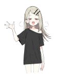  1girl black_shirt blush collarbone colored_eyelashes commentary_request cowboy_shot cropped_legs earrings flipped_hair gakuen_idolmaster gradient_hair grey_hair hair_ornament hairclip half-closed_eyes hand_up highres idolmaster jewelry long_hair looking_at_viewer multicolored_hair naked_shirt open_hand open_mouth orange_eyes parallel_hairclips parted_bangs puff_of_air sabisabi shinosawa_hiro shirt short_sleeves simple_background single_off_shoulder solo standing stud_earrings sweat swept_bangs t-shirt white_background 