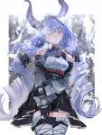  1girl absurdres arknights arknights:_endfield bare_shoulders black_gloves breasts commentary_request cowboy_shot deiji_7531 detached_sleeves framed_breasts gloves grey_thighhighs hairband hand_on_own_arm highres horns long_hair medium_breasts overskirt parted_lips pink_eyes purple_eyes purple_hair purple_horns solo thighhighs typhoeus_(arknights) typhon_(arknights) 