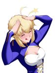  1girl ah_eto..._bleh_(meme) ahoge artist_name artoria_pendragon_(fate) blonde_hair blue_dress blush breasts cleavage cleavage_cutout closed_eyes closed_mouth clothing_cutout commentary dress english_commentary fate/stay_night fate_(series) hands_on_own_head highres meme short_hair_with_long_locks solo star_(symbol) tongue tongue_out upper_body white_background zealyush 