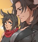  2boys animal_ears arknights bara black_hair black_jacket blue_eyes brown_eyes brown_hair commentary_request courier_(arknights) cow_boy cow_ears cow_horns dark-skinned_male dark_skin deer_boy deer_ears draph earrings from_side horns jacket jewelry large_pectorals leather leather_jacket looking_at_another male_focus matterhorn_(arknights) multiple_boys muscular muscular_male oga_(ogw175) pectoral_cleavage pectoral_focus pectorals red_scarf scarf short_hair upper_body 