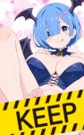  1girl :q bare_legs barefoot blue_eyes blue_hair blush breasts caution_tape censored cleavage closed_mouth commentary_request demon_girl demon_horns demon_wings english_text hair_ornament heart heart_background highres horns keep_out large_breasts legs looking_at_viewer navel pink_background pink_ribbon re:zero_kara_hajimeru_isekai_seikatsu rem_(re:zero) remnia ribbon short_hair simple_background solo toes tongue tongue_out wings 