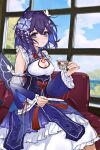  1girl absurdres artist_collaboration blue_dress blue_flower blue_sleeves bob_cut bow bowtie breasts chest_tattoo chinese_commentary cleavage cleavage_cutout closed_mouth clothing_cutout cloud cloudy_sky commentary_request cup detached_sleeves dress fibonacci_no_usagi flower highres holding holding_cup honkai_(series) honkai_impact_3rd indoors looking_at_viewer medium_breasts red_bow red_bowtie seele_vollerei short_hair sky smile solo tattoo tea teacup white_flower window yibanluguojuanjuanzi 