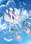  2girls back_bow bird blue_hair bow caustics cloud cloudy_sky cowboy_shot dutch_angle eye_contact face-to-face feathers from_side hairband highres holding_hands little_busters! little_busters!_school_uniform look-alike looking_at_another morizono_shiki multiple_girls nishizono_midori nishizono_mio ocean orange_eyes plaid_clothes plaid_skirt profile red_hairband refraction school_uniform short_hair short_sleeves skirt sky smile sunlight third-party_source wading wet wet_clothes white_feathers 