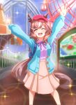  1girl absurdres animal_ears aqua_cardigan aqua_sweater arms_up blue_cardigan blush breasts brown_hair brown_skirt cardigan casual closed_eyes commentary_request ears_through_headwear ferris_wheel hair_ornament hairclip hat highres horse_ears horse_girl horse_tail long_sleeves mashiroken07 matikanetannhauser_(casual)_(umamusume) matikanetannhauser_(umamusume) medium_breasts medium_hair multicolored_hair open_mouth pink_shirt red_hat roller_coaster shirt skirt smile solo sweater tail teeth umamusume upper_teeth_only 