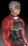 1boy absurdres archer_(fate) armor breastplate brown_eyes coat commentary_request covered_abs dark_skin fate/stay_night fate_(series) hair_slicked_back highres male_focus messy_hair red_coat red_shrug ryuei_tachibana shrug_(clothing) solo spiked_hair white_hair 