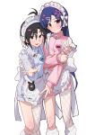  2girls antenna_hair apron bandaid bandaid_on_knee bandaid_on_leg black_hair blue_hair blue_jacket brown_eyes closed_mouth feet_out_of_frame fingernails hair_ornament heart heart_hair_ornament highres idolmaster idolmaster_(classic) jacket jersey_maid kikuchi_makoto kisaragi_chihaya long_hair long_sleeves looking_at_viewer maid maid_headdress multiple_girls nail_polish pink_jacket pink_nails short_hair simple_background single_fishnet_legwear smile soayo standing star_(symbol) star_hair_ornament track_jacket unconventional_maid v w waist_apron white_apron white_background 