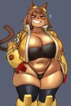  1girl alternate_breast_size_(larger) animal_ears arm_at_side black_thighhighs black_tube_top body_fur breasts brown_fur brown_hair cat_ears cat_girl cat_tail cleavage commentary english_commentary english_text fang fatter_than_canon furry furry_female gameoverse gloves goggles goggles_on_head grey_background grin hand_on_own_hip highleg highleg_panties highres huge_breasts jacket kelvin_hiu kit_bodega looking_at_viewer panties plump print_panties red_eyes red_gloves short_hair skindentation smile solo standing strapless tail thick_thighs thighhighs thighs tube_top underwear variant_set whiskers yellow_gauntlets yellow_jacket 