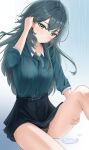  1girl black_panties black_skirt blush breasts collar collarbone commentary_request gakuen_idolmaster green_eyes green_hair green_ribbon green_shirt hair_behind_ear hair_between_eyes hand_in_own_hair hand_on_own_thigh hand_up highres idolmaster kirishima_(rxhr3422) legs_apart long_hair long_sleeves looking_at_viewer medium_breasts miniskirt panties pantyshot puddle rain ribbon shirt skirt solo tsukimura_temari underwear undone_collar wet wet_clothes wet_hair white_collar 