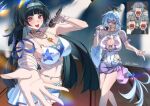  2girls 3boys absurdres armlet astra_yao bead_armlet bikini bikini_skirt black_hair blue_bikini blue_hair blush braid breasts caelus_(honkai:_star_rail) choker closed_eyes commentary cosplay fan_screaming_at_madison_beer_(meme) frilled_one-piece_swimsuit frills hair_ornament hairband halo head_wings highres holding holding_microphone honkai:_star_rail honkai_(series) jewel_under_eye jewelry large_breasts long_hair looking_at_viewer meme microphone multiple_boys multiple_girls navel one-piece_swimsuit open_mouth purple_choker purple_sarong rainatsu red_eyes remielle_dan remielle_dan_(cosplay) remielle_dan_(seashade_pas_seul) robin_(honkai:_star_rail) robin_(honkai:_star_rail)_(cosplay) robin_(summeretto)_(honkai:_star_rail) sarong single_braid smile star_(symbol) star_print starfish_hair_ornament sunday_(honkai:_star_rail) swimsuit trailblazer_(honkai:_star_rail) untranslatable_commentary white_bikini white_hairband white_one-piece_swimsuit white_wings wings wise_(zenless_zone_zero) zenless_zone_zero 