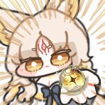  1girl :3 animal_ears black_bow blush_stickers bow breasts bright_pupils chibi chibi_only cleavage commentary emphasis_lines forehead_tattoo fox_ears fox_girl hsin_(wuthering_waves) incoming_gift looking_at_viewer motion_blur oldstore outstretched_arm radiant_tide_(wuthering_waves) tattoo transparent_background white_hair wuthering_waves yellow_eyes 