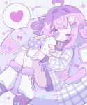  1girl ;) chibi commentary doll hair_ornament hairclip highres holding holding_doll indie_utaite long_sleeves lying momone_chinoi one_eye_closed pink_hair sakura_ame01 short_hair smile speech_bubble untranslatable_commentary utaite 