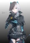  1girl absurdres badge belt_pouch black_bodysuit black_jacket blue_eyes blue_gloves bodysuit button_badge character_name chinese_commentary commentary_request cropped_jacket gloves gradient_background grey_background grey_scarf hair_ornament hand_on_own_chest highres icey icey_(game) jacket neon_trim parted_lips pouch scarf short_hair simple_background smiley_face sword weapon white_hair woshidaguai 