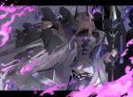  1girl arknights black_thighhighs blue_eyes breasts card commentary_request cowboy_shot dragon_girl dragon_horns dress ga_isuto46563 hair_over_one_eye highres holding holding_card holding_polearm holding_weapon horns jacket letterboxed long_hair long_sleeves medium_breasts necrass_(arknights) one_eye_covered open_clothes open_jacket outside_border polearm smile solo_focus spear thighhighs torn_clothes torn_thighhighs very_long_hair weapon white_dress white_hair white_jacket 