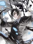  1boy black_hair black_jacket black_necktie black_suit collared_shirt cracked_mask eye_mask gloves half_eye_mask highres holding index_(identity)_(project_moon) indoors jacket kasawoooo lapels limbus_company liquid_weapon male_focus mask mask_over_one_eye multicolored_hair necktie notched_lapels project_moon shirt short_hair streaked_hair suit white_gloves white_mask white_shirt yellow_eyes yi_sang_(project_moon) 