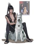  1girl absurdres artist_name baldur's_gate baldur's_gate_3 black_hair black_sandals blunt_bangs braid braided_ponytail breasts breasts_apart closed_mouth clothing_request collarbone commentary dog dungeons_&amp;_dragons elf english_commentary full_body green_eyes hair_ornament highres lips long_hair looking_at_viewer osda_pro pointy_ears reference_inset sandals scar scar_on_face scar_on_nose scratch_(baldur's_gate) shadowheart_(baldur's_gate) sidelocks sitting small_breasts toenails toes twitter_username very_long_hair white_fur 