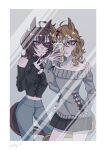  2girls agnes_tachyon_(umamusume) animal_ears black_skirt braid chemical_structure closed_mouth commentary cropped_sweater crossed_bangs ear_ornament earrings expressionless grey_pants grey_sweater hair_between_eyes hair_intakes half_up_half_down_braid hand_on_another's_head highres horse_ears horse_girl horse_tail inward_v jewelry jungle_pocket_(umamusume) long_sleeves medium_hair mirror_selfie multiple_girls notched_ear odag_18 off-shoulder_sweater off_shoulder pants parted_lips pleated_skirt selfie side_slit single_earring skirt smile split_mouth sweater tail turtleneck turtleneck_sweater umamusume v wolf_cut yellow_eyes 