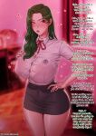 1girl :o absurdres artist_name bed black_skirt blurry blurry_background blush bra_visible_through_clothes breast_pocket breasts button_gap ceo_and_bodyguard collared_shirt covered_navel cowboy_shot embarrassed english_commentary fanbox_username glint green_hair gumroad_username hair_behind_ear hand_on_own_chest hand_on_own_hip heart highres indoors itch.io_username jewelry korean_commentary large_breasts long_hair looking_at_viewer mature_female mixed-language_commentary mole mole_under_mouth multilingual_commentary neck_ribbon nose_blush patreon_username pencil_skirt pocket red_ribbon ribbon ring roborobocap school_uniform see-through_clothes shirt short_sleeves skirt solo song_arin sweat trembling twitter_username wedding_ring wet wet_clothes wet_shirt white_nails white_shirt 