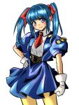  1girl absurdres badge bebitan327 blue_eyes blue_hair blue_skirt blunt_bangs button_badge clenched_hand closed_mouth collared_shirt commentary_request gloves hand_on_own_hip highres jacket light_blush long_hair long_sidelocks looking_at_viewer miniskirt mio_sasuga necktie open_clothes open_jacket pantyhose puffy_short_sleeves puffy_sleeves red_necktie shirt shirt_tucked_in short_necktie short_sleeves sidelocks simple_background skirt skirt_set smile solo super_robot_wars super_robot_wars_original_generation super_robot_wars_the_lord_of_elemental the_2nd_super_robot_wars_og twintails upper_body white_background white_gloves white_shirt 